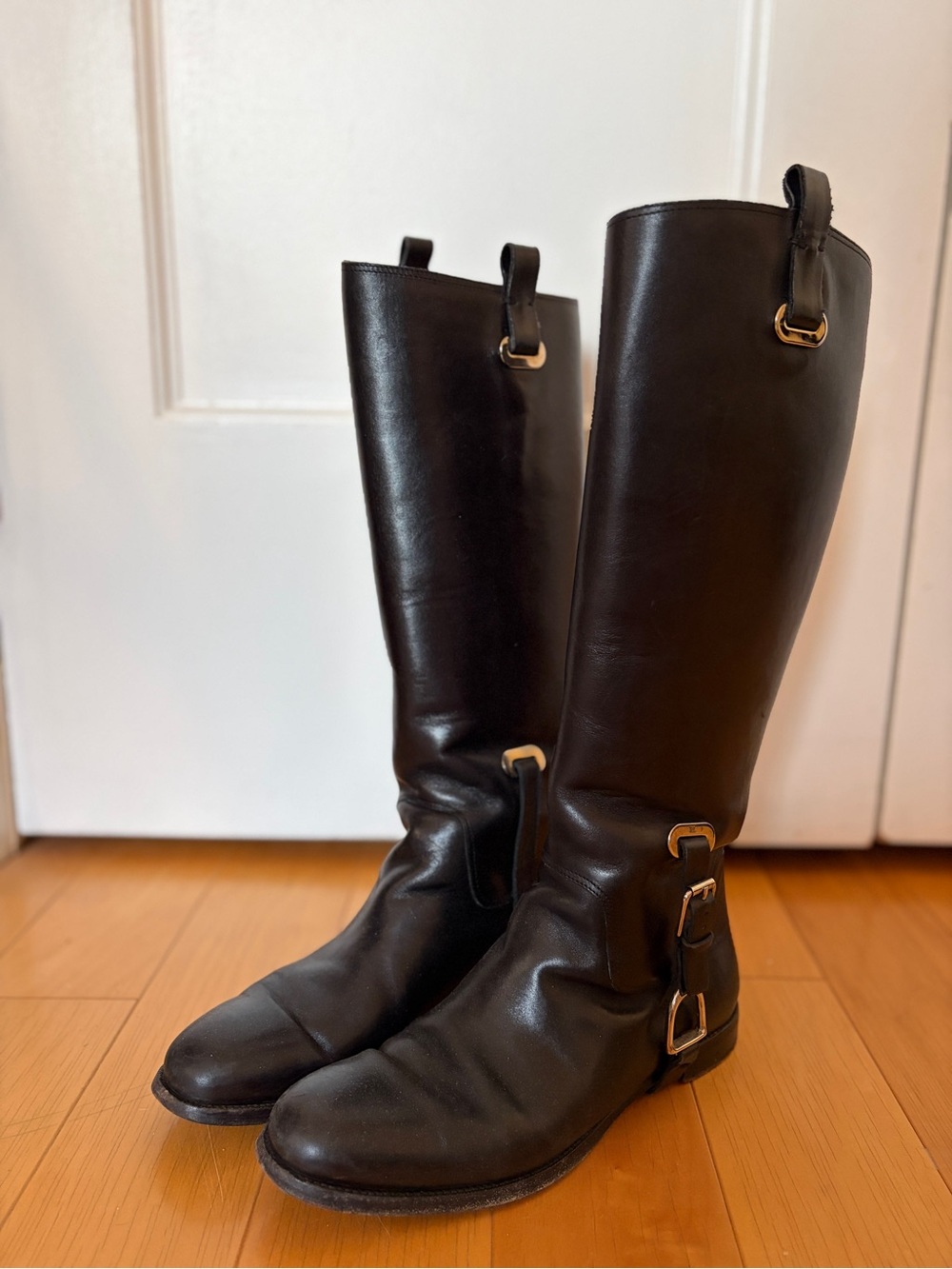 Ralph Lauren Classic Black Leather Riding Boots with Buckle Detail